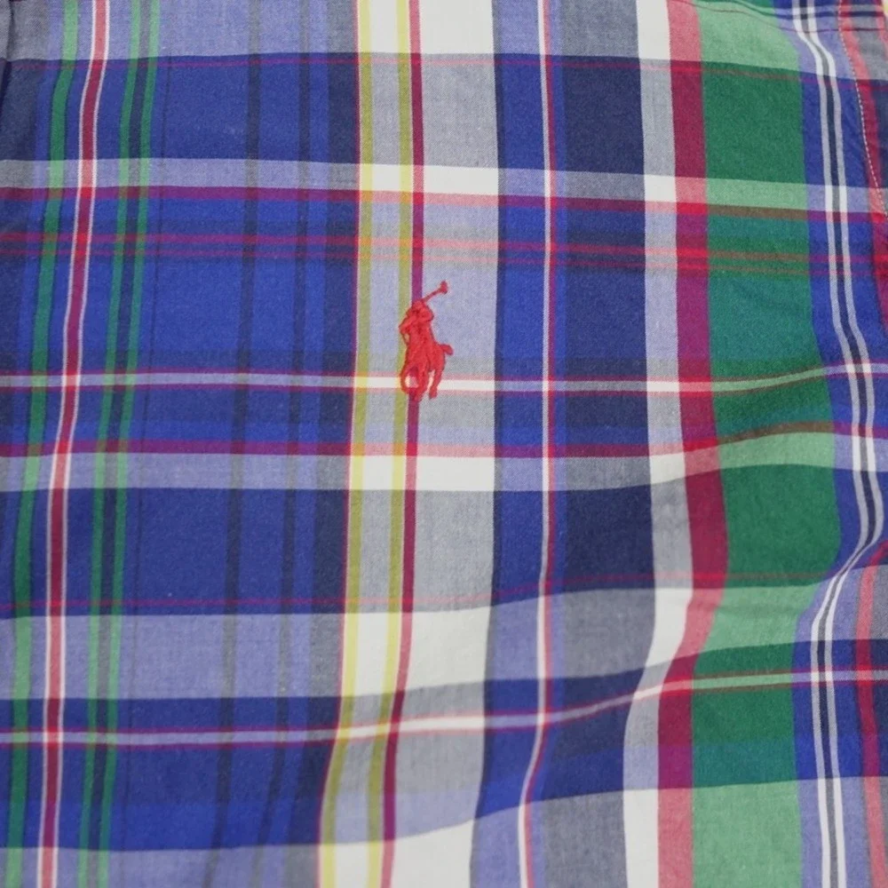 Ralph Lauren Plaid Button Down Shirt Mens XL Blue‎ Custom Fit Preppy Red Pony